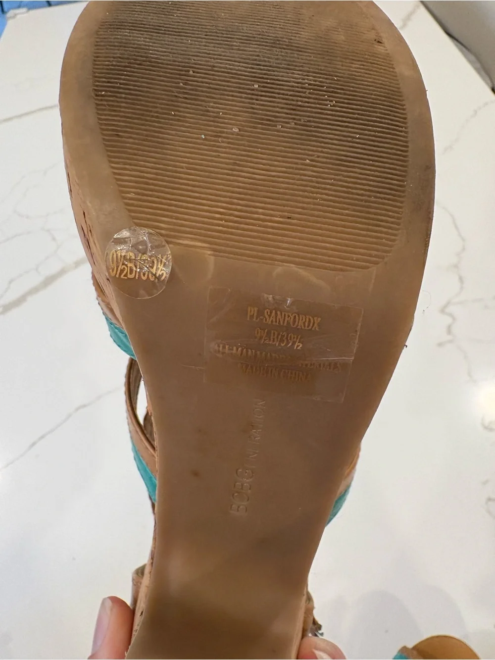 Y2K BCBGeneration Cork Chunky Strappy Platform Heels Turquoise Blue Tan Sandals